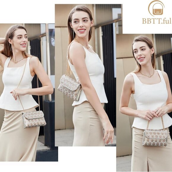 Brand New Crossbody Elegant Rhinestone Bag  Champagne Stylish & Spacious - Picture 2 of 7